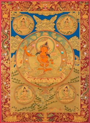 Full Gold Style Boddhisattva Manjushree Original Hand painted Thangka | High quality workmanship | Wall Hanging Decor | Zen Buddhism